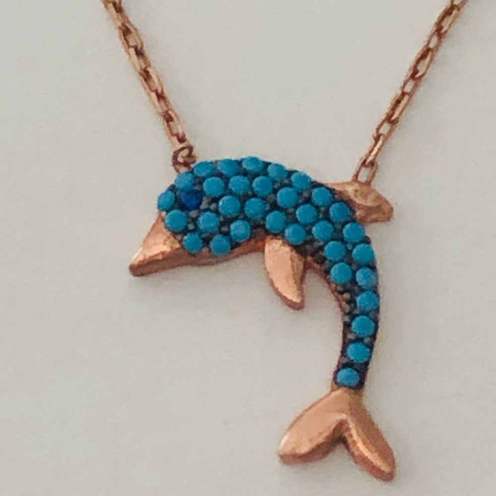 Dolphin necklace 925 silver turquoise stones - Picture 1 of 8